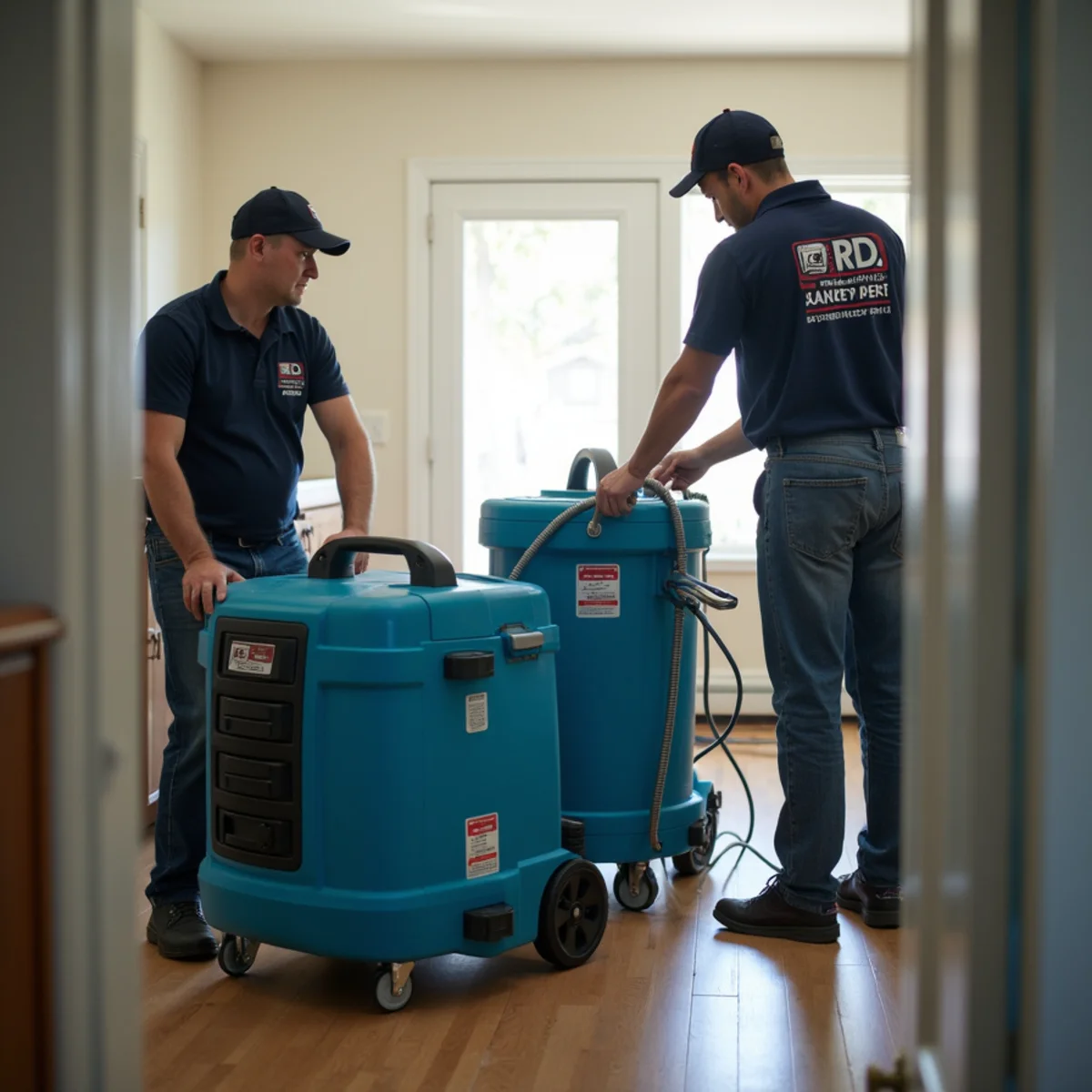 Water Damage Oakland restoration technicians with drying equipment