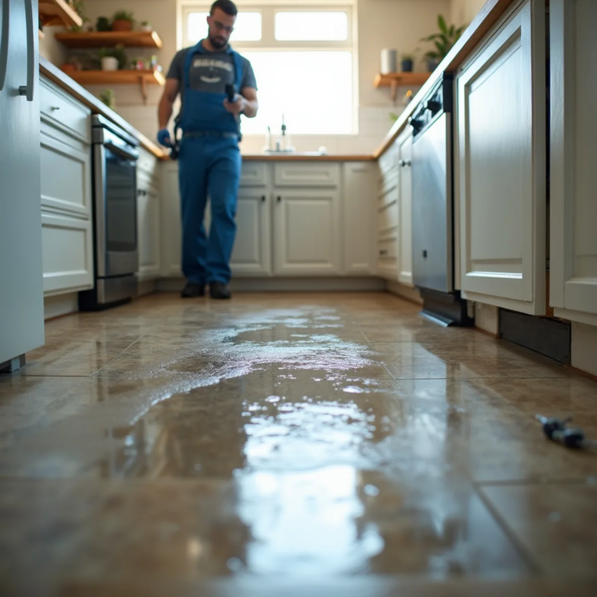 Water pooling on a kitchen floor from a leaking dishwasher in an Oakland home