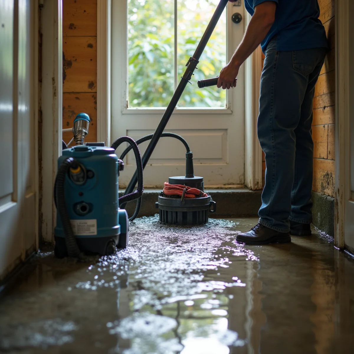 Submersible pump removing water from a flooded basement in an Oakland hillside home