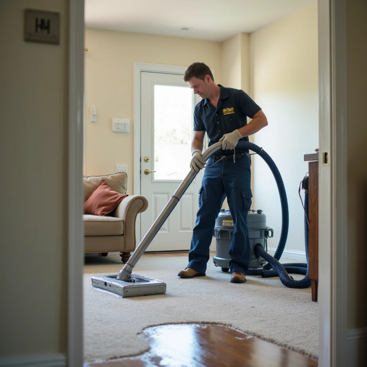 Technician extracting water from a soaked carpet with a weighted extractor in an Oakland home