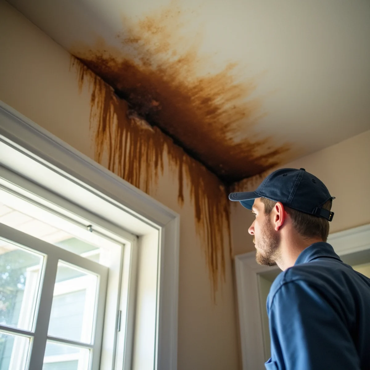 Brown water stain and sagging on the ceiling of an older Oakland home