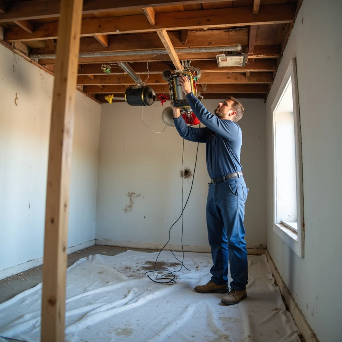 Ceiling Water Damage Repair process — technicians using professional equipment at an Oakland property