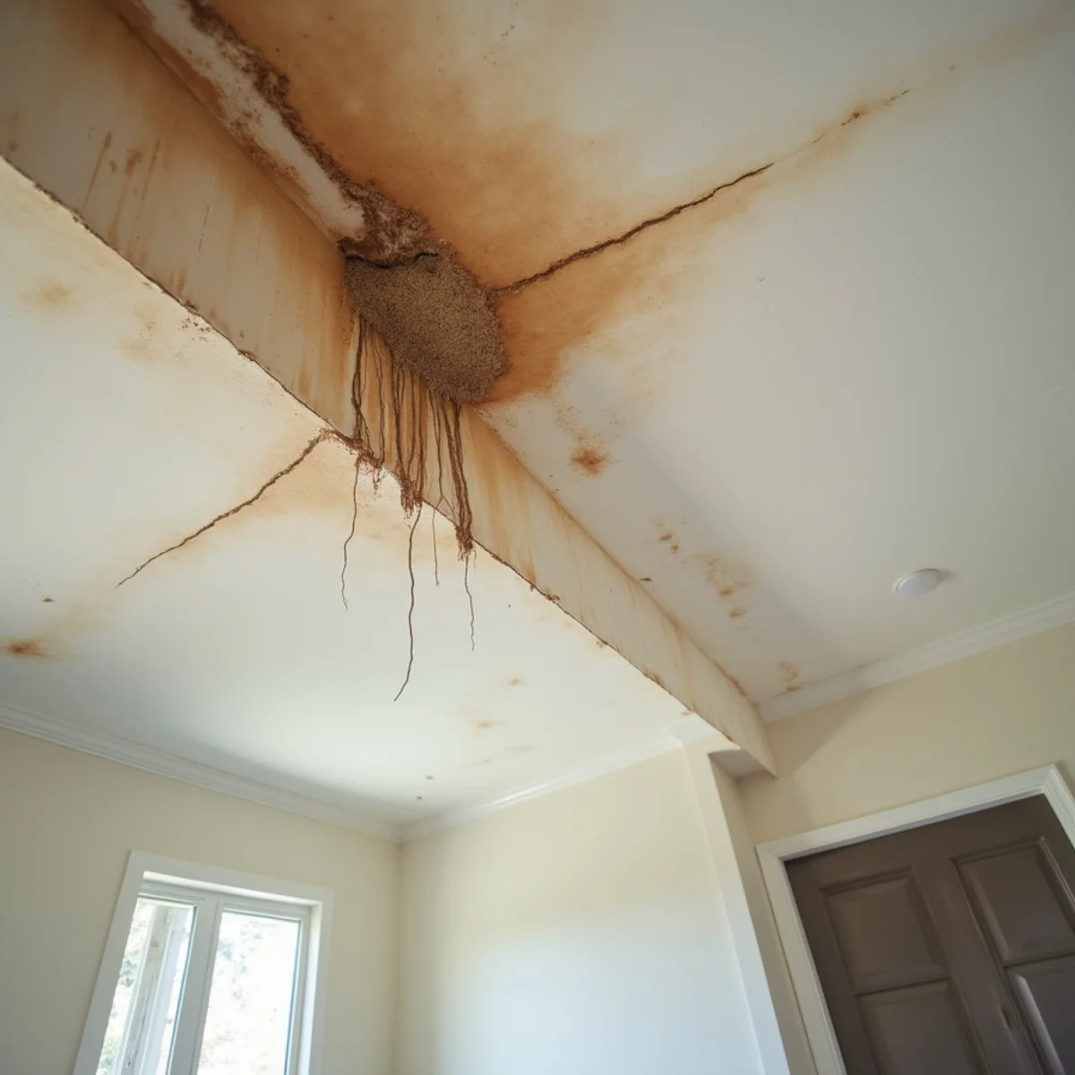 Brown water stain and sagging drywall on the ceiling of an Oakland home from an upstairs leak