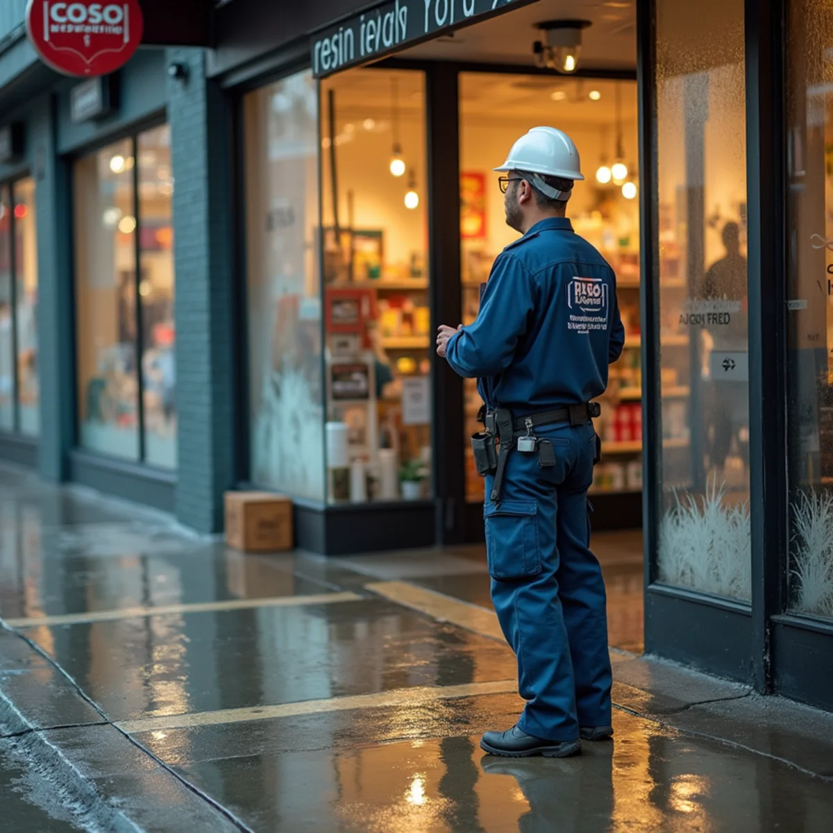 Flooded Oakland retail storefront with a business owner assessing water damage