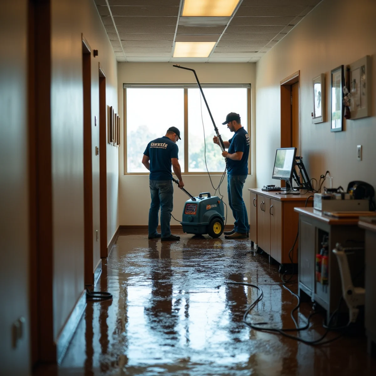 Restoration crew drying a flooded Oakland office with commercial air movers after hours
