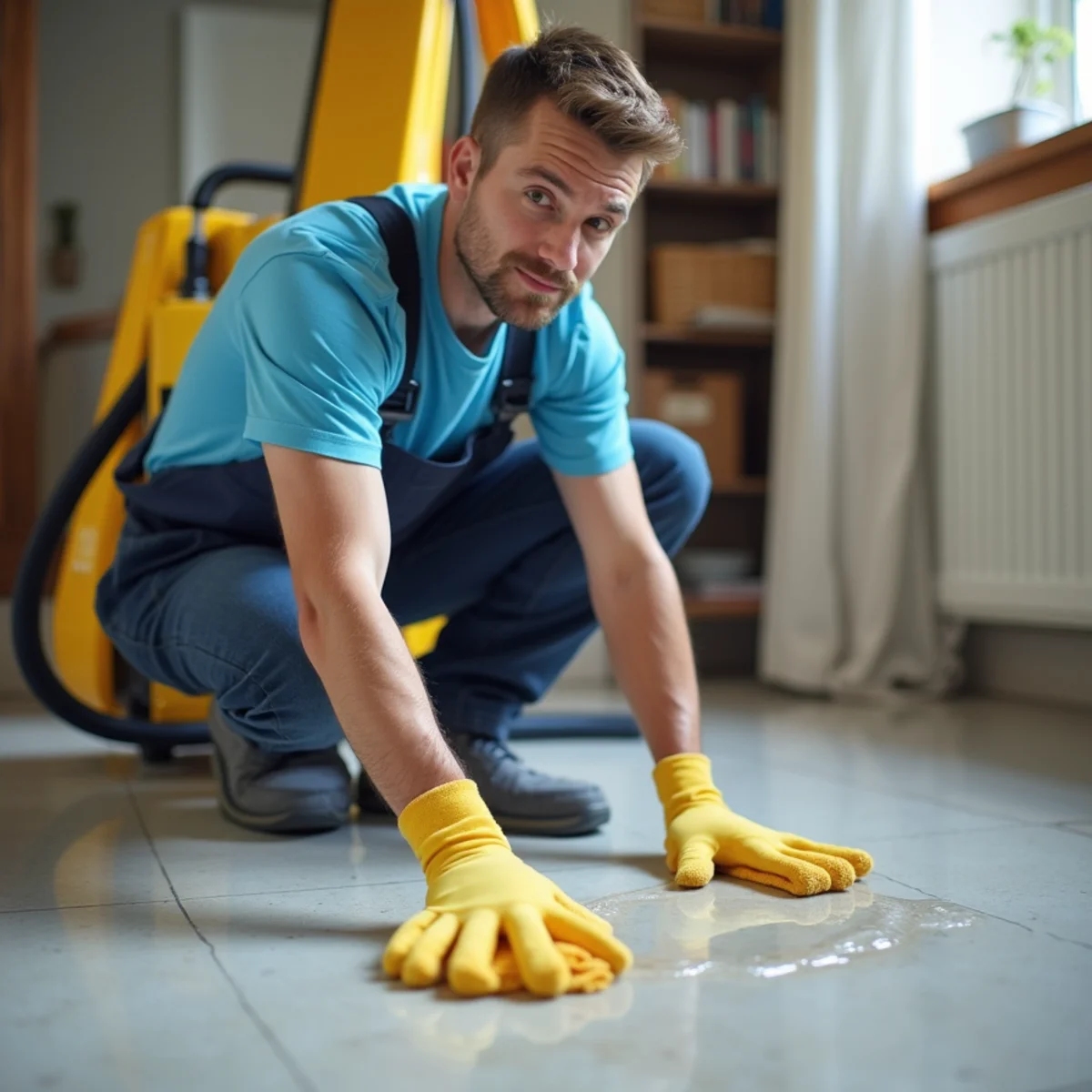 Oakland homeowner blotting up a small clean-water spill with towels
