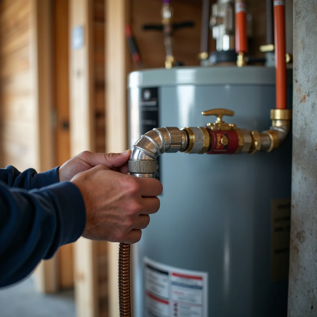 Flexible seismic connector installed on a water heater in an Oakland home