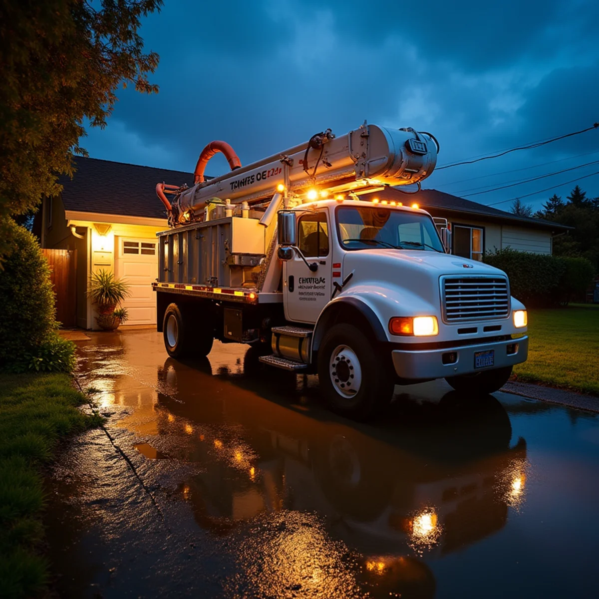 Truck-mounted extraction unit removing standing water from an Oakland home at night