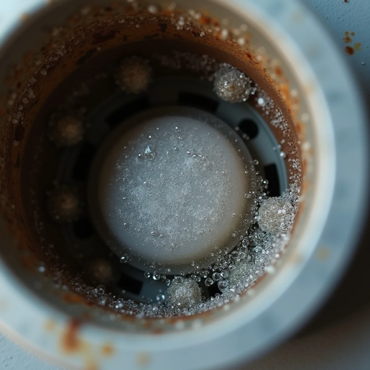 Scale buildup inside a water heater element from hard water in an Oakland home