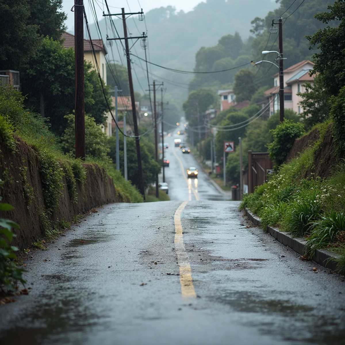 Rainwater running down a steep street in the Oakland Hills toward homes below