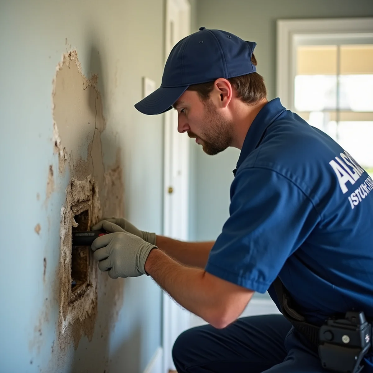 Technician inspecting a wall cavity for early mold growth after water damage in an Oakland home