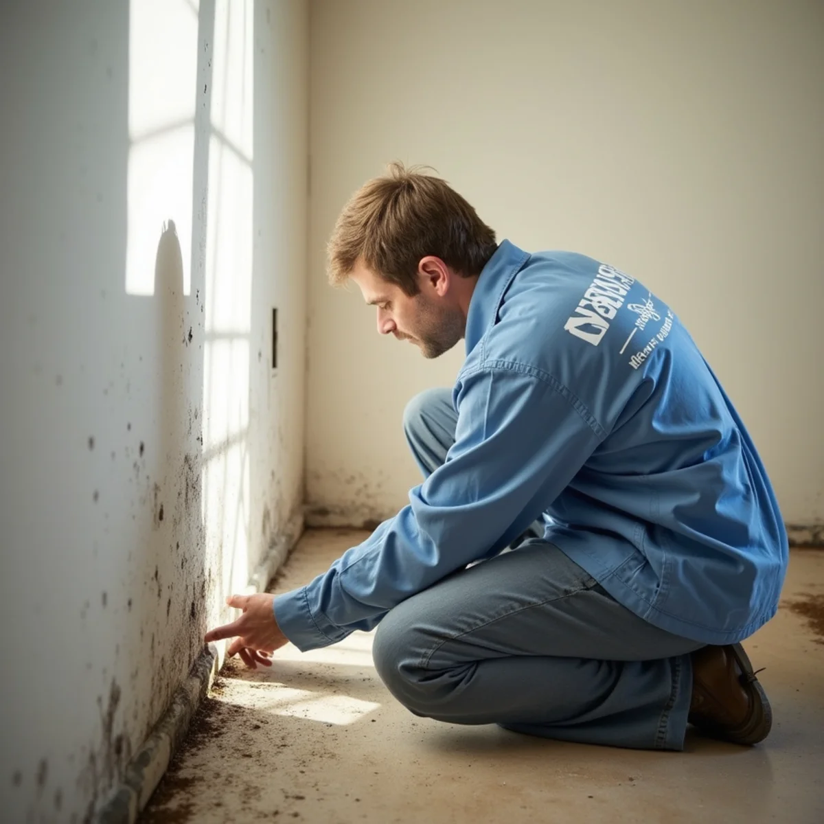 Mold remediation specialist setting up containment in an Oakland home with visible wall mold