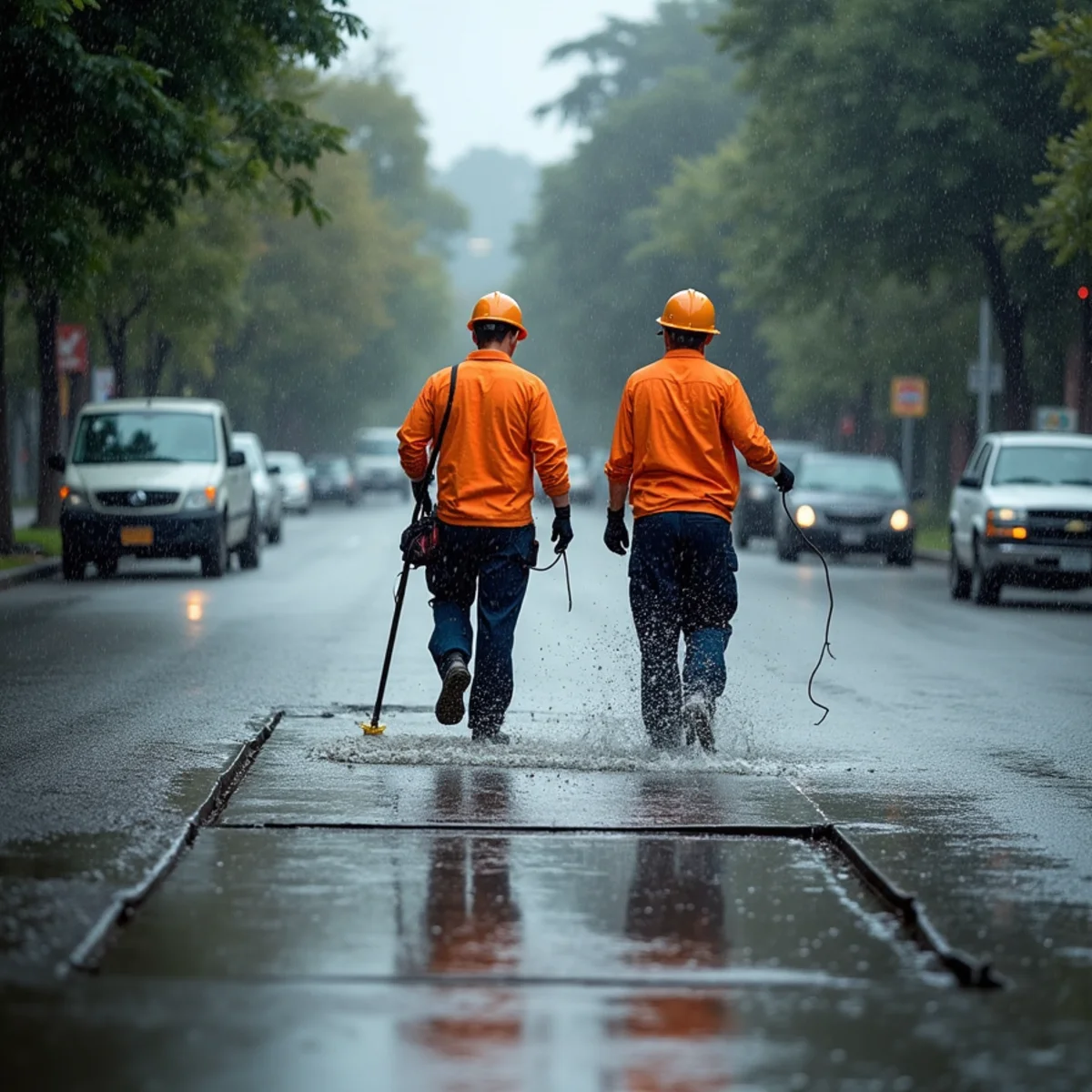 Heavy rain flooding an Oakland street over a storm drain during an atmospheric river
