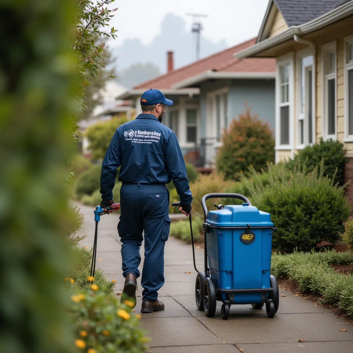 Water damage restoration technician working at a home in Rockridge, Oakland