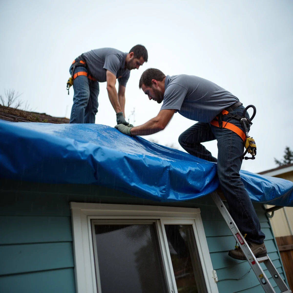 Roof Leak Water Damage in progress at an Oakland property — technicians at work