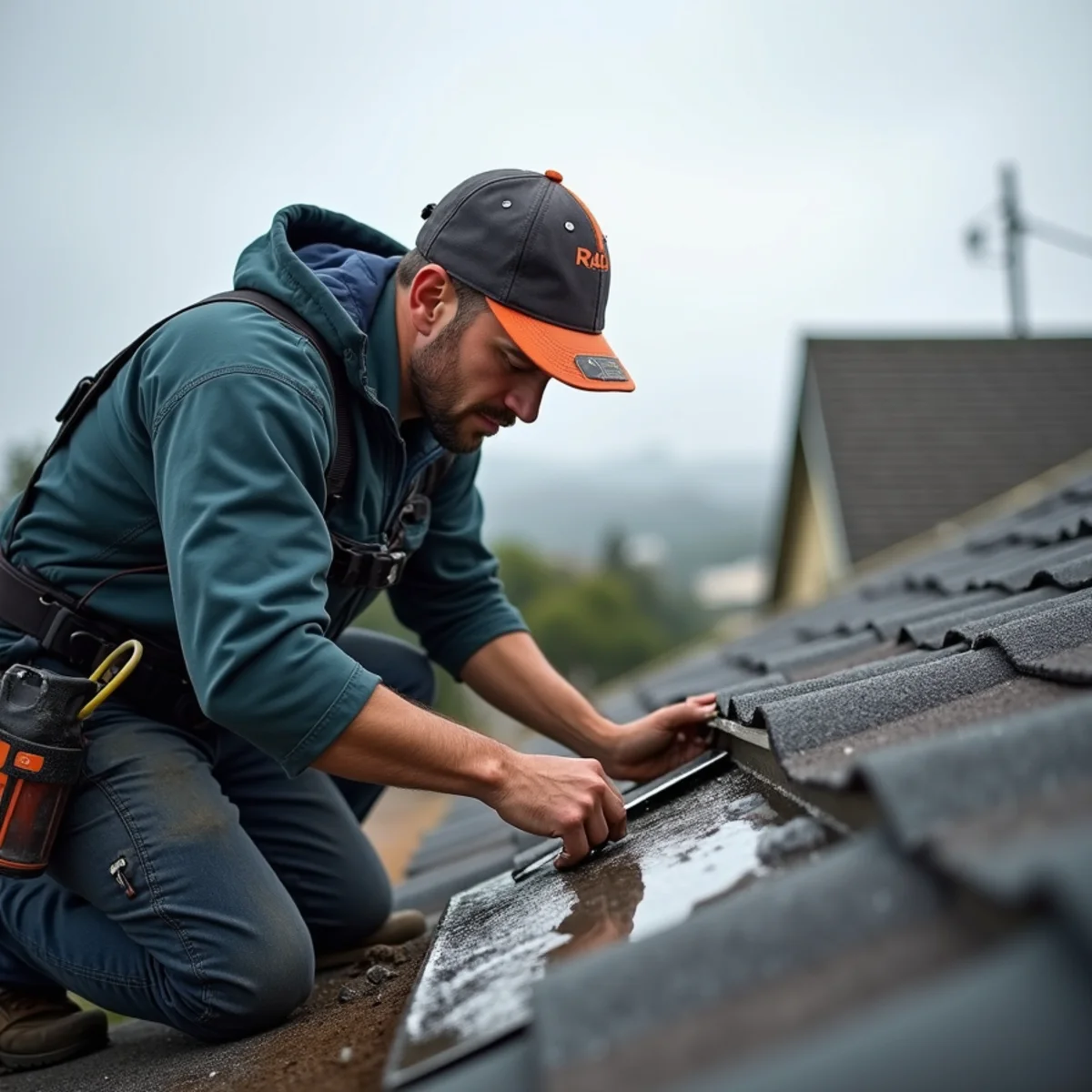 Roofer inspecting flashing on an Oakland home roof under the marine layer