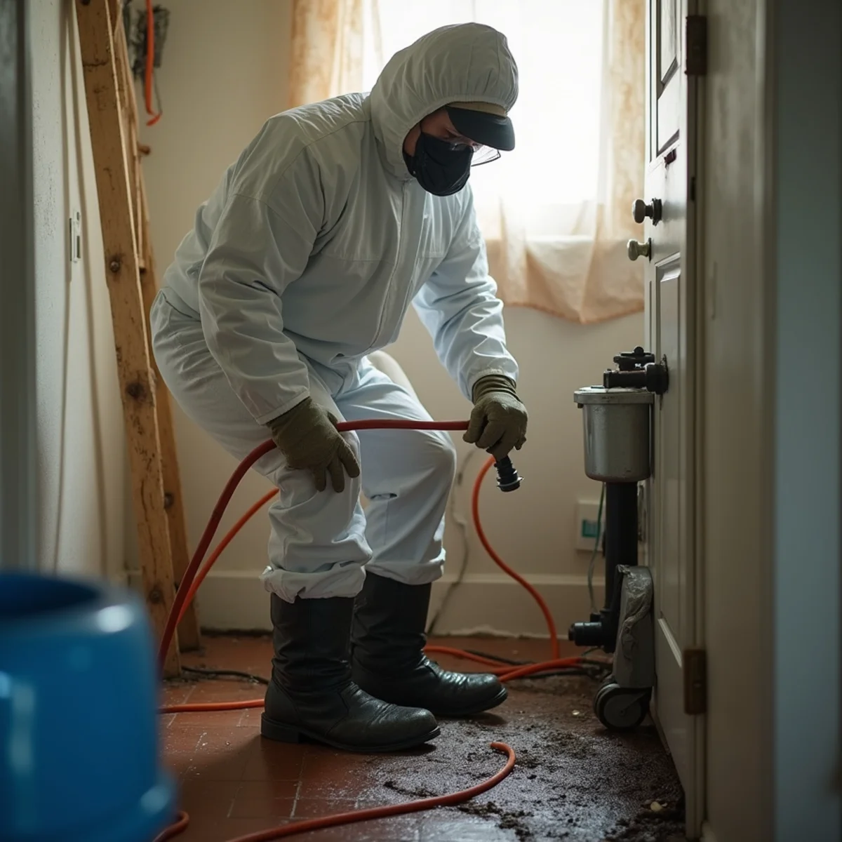 Technician in protective gear preparing to clean a sewage backup in an Oakland home