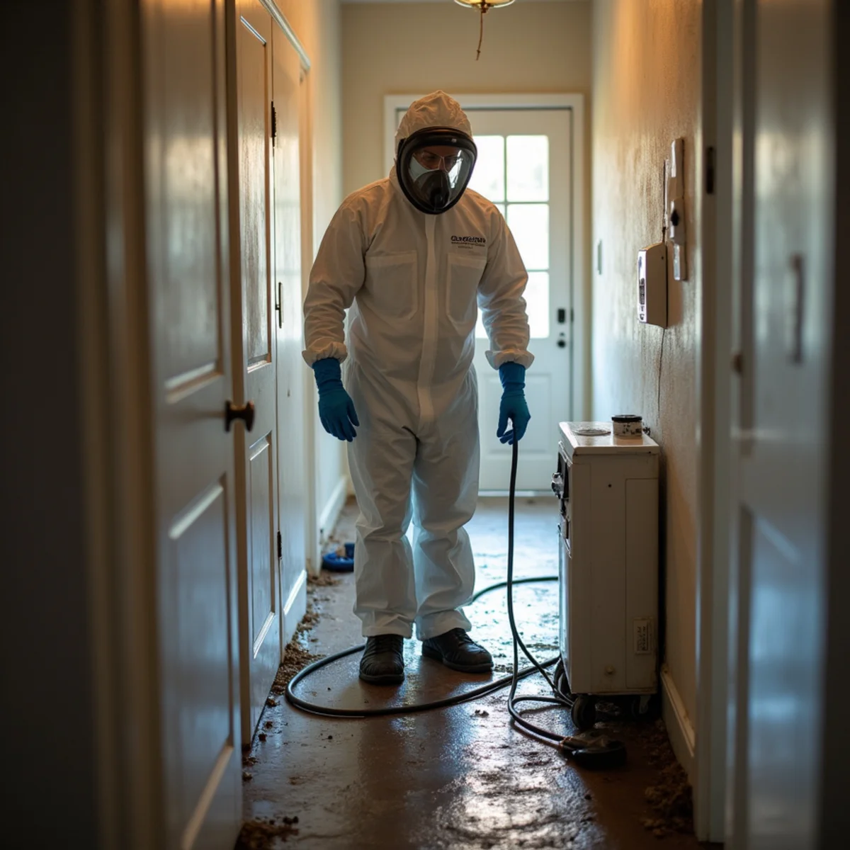 Technician in protective gear disinfecting a basement after a sewage backup in Oakland
