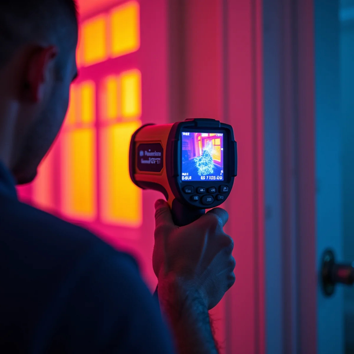 Thermal imaging camera revealing hidden moisture inside the wall of an older Oakland home