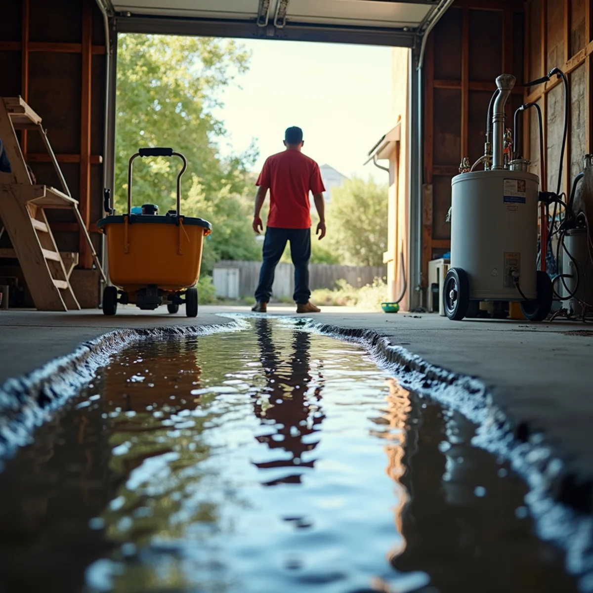 Water pooling from a failed water heater in an Oakland garage in summer