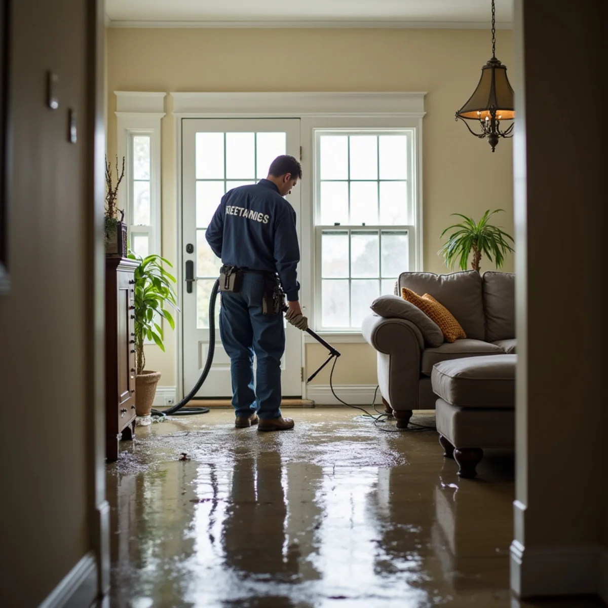 IICRC-certified technician extracting water from a flooded Oakland living room