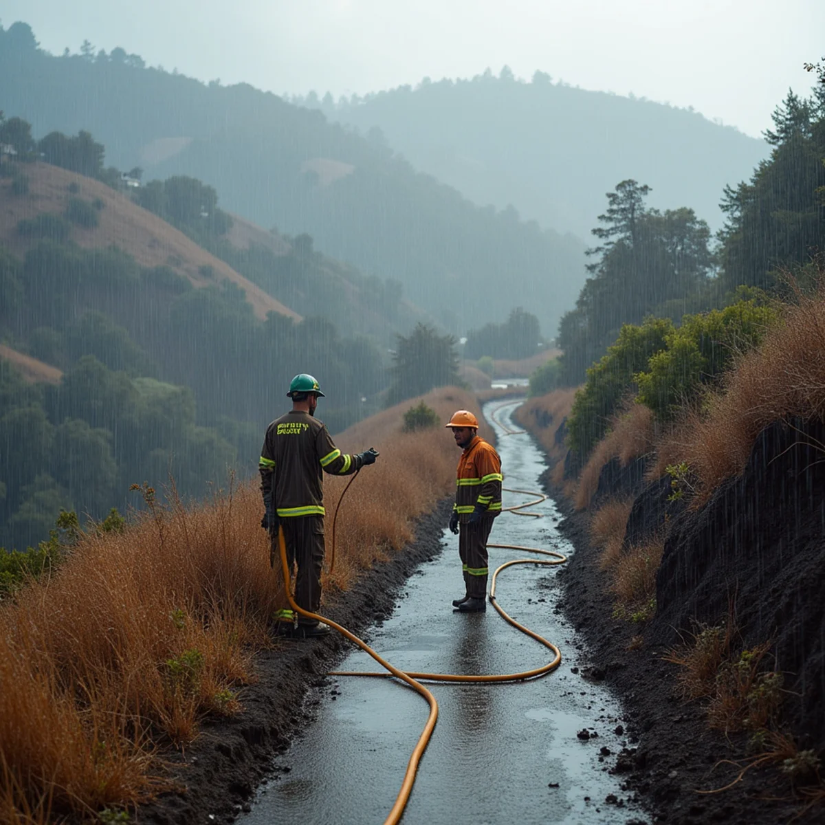 Rain running off a fire-scarred hillside above homes in the Oakland Hills